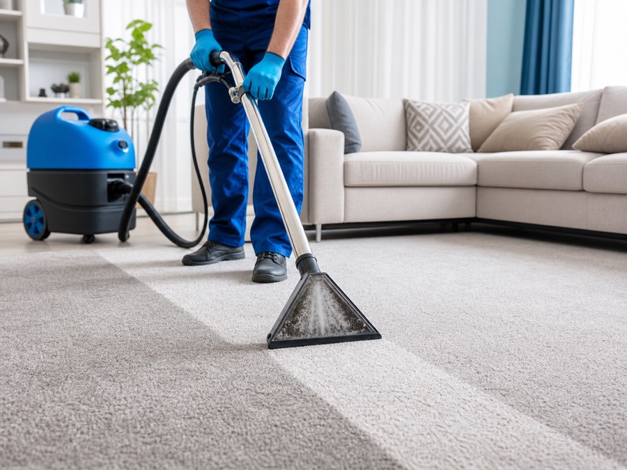 Professional carpet cleaning service in a bright home